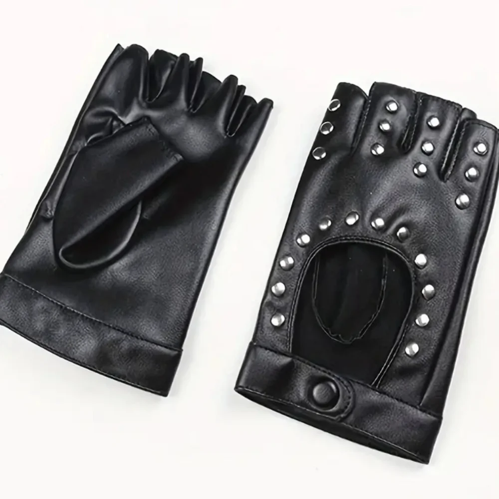 Black Faux Leather Studded Fingerless Gloves W/Snap Button Wrist Closure (OS)